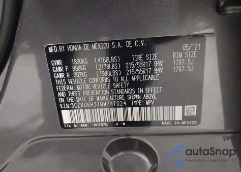 2021 Honda Hr-V Awd Lx z USA, uszkodzony, nr VIN 3CZRU6H37MM747024